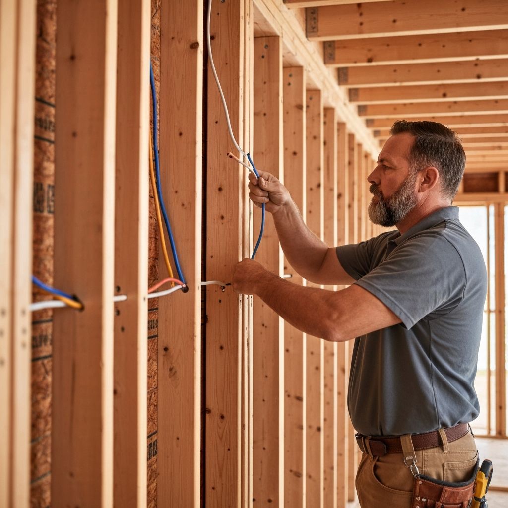 Electrician pulling new electrical wiring through wall
