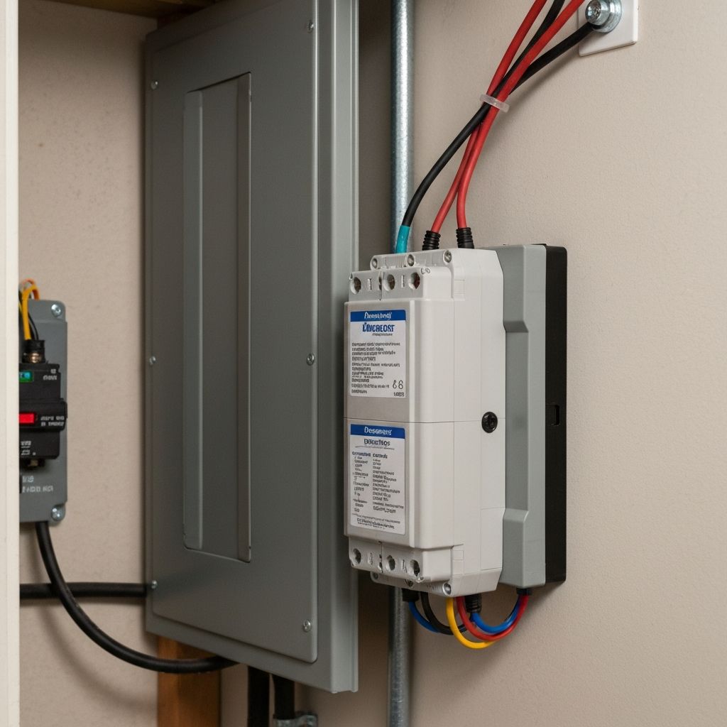 Whole-home surge protector installed near electrical panel